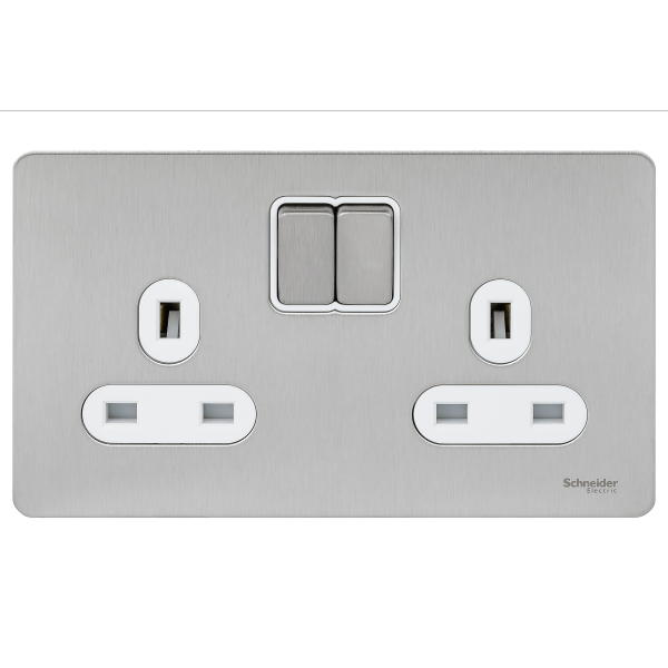 Schneider USFP 13A SP 2G Switched Socket White Insert - Stainless Steel - GU3420WSS, Image 1 of 1