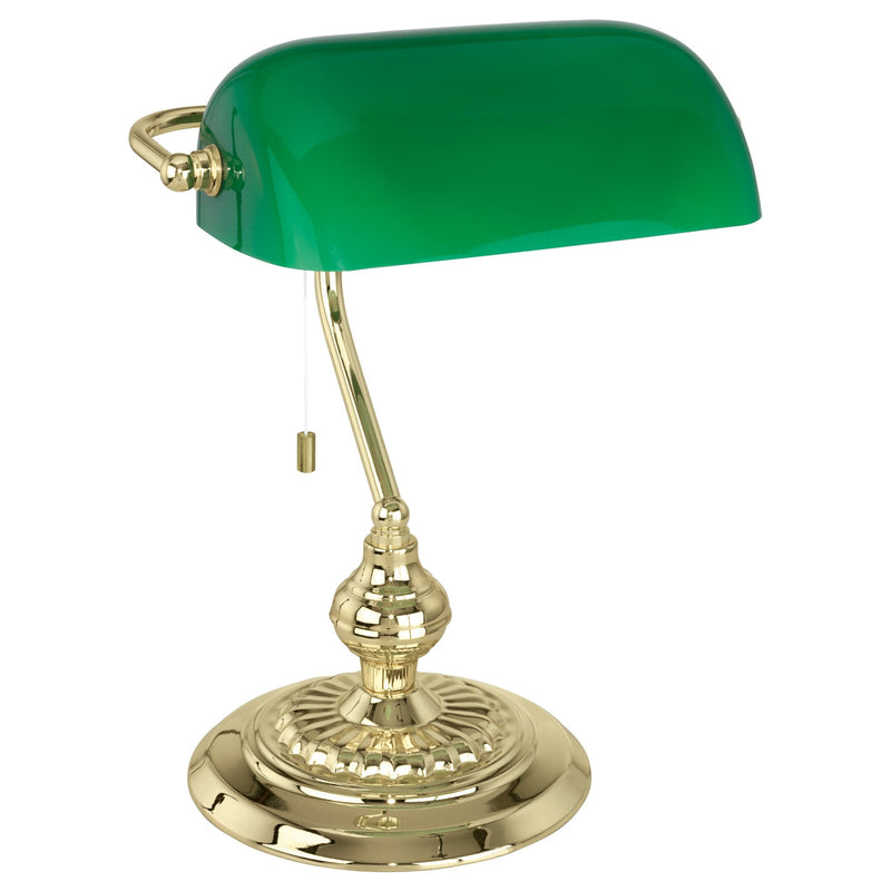 EGLO ES/E27 Banker Brass Green Painted Glass Office Table Light 60W - 90967, Image 1 of 1