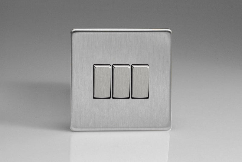 Varilight Screwless 3 Gang 2 Way Switch With Metal Rocker (Single XDS3S) - Brushed Steel - XDS3S, Image 1 of 1