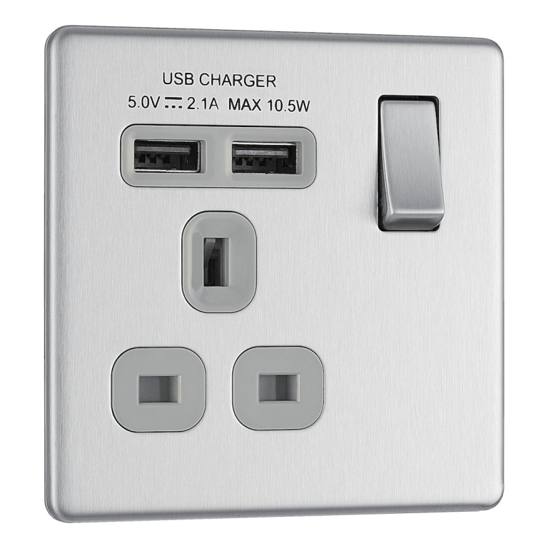 BG Screwless Flatplate Brushed Steel Single Switched 13A Power Socket With Usb Charging - 2X Usb Sockets (2.1A) - Grey Insert -, Image 1 of 3