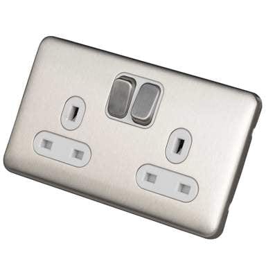 Schneider LSD 2G 13A Double Pole Switched Socket White Insert - Stainless Steel - GGBL3020DWSS, Image 1 of 1