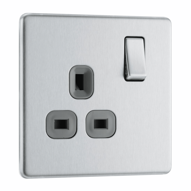 BG Screwless Flatplate Brushed Steel Single Switched 13A Power Socket - Grey Insert - FBS21G, Image 1 of 3