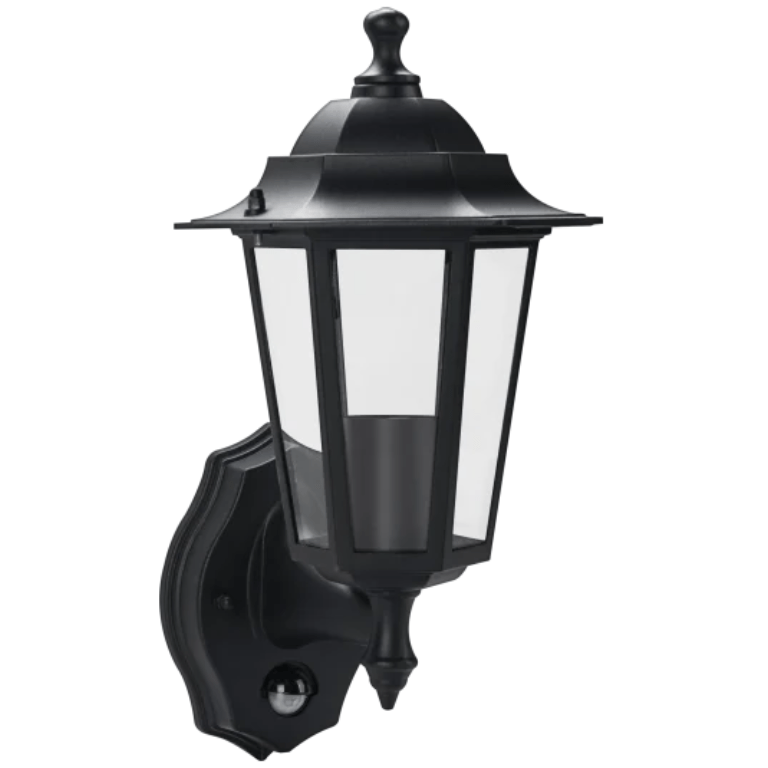 Luceco Coach 6 Panel Outdoor E27/GLS Wall Lantern with PIR - Black - LEXDCL6PB, Image 1 of 1