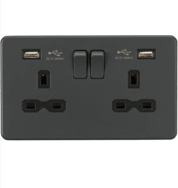 Knightsbridge 13A 2G switched socket with dual USB charger A + A (2.4A) - Anthracite - SFR9224AT, Image 1 of 1