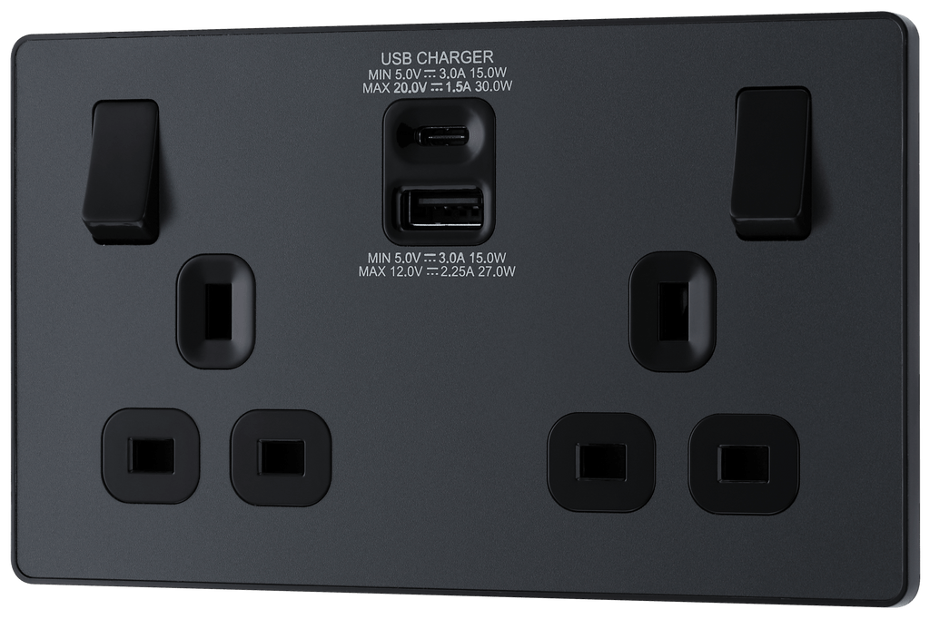 BG Evolve Matt Grey Double Switched 13A Power Socket + USB C 30W + USB