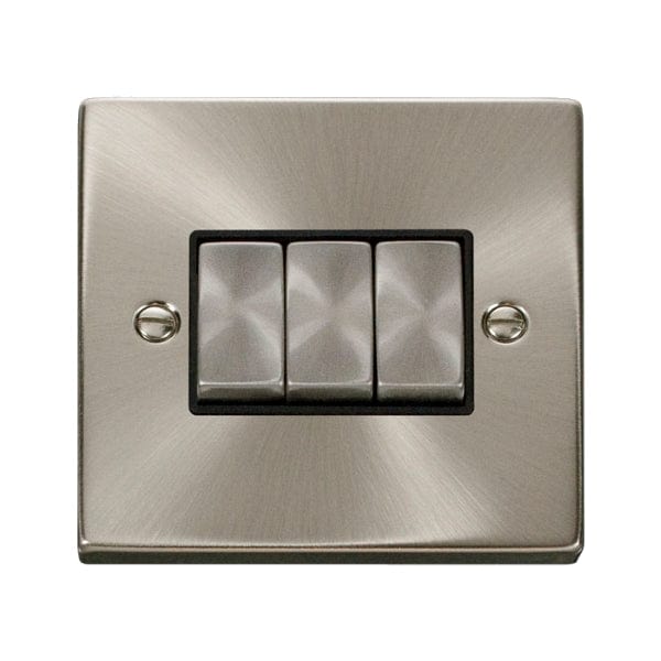 Click Scolmore Deco Satin Chrome 3 Gang 2 Way Plate Switch 10A With Black Ingot - VPSC413BK, Image 1 of 1