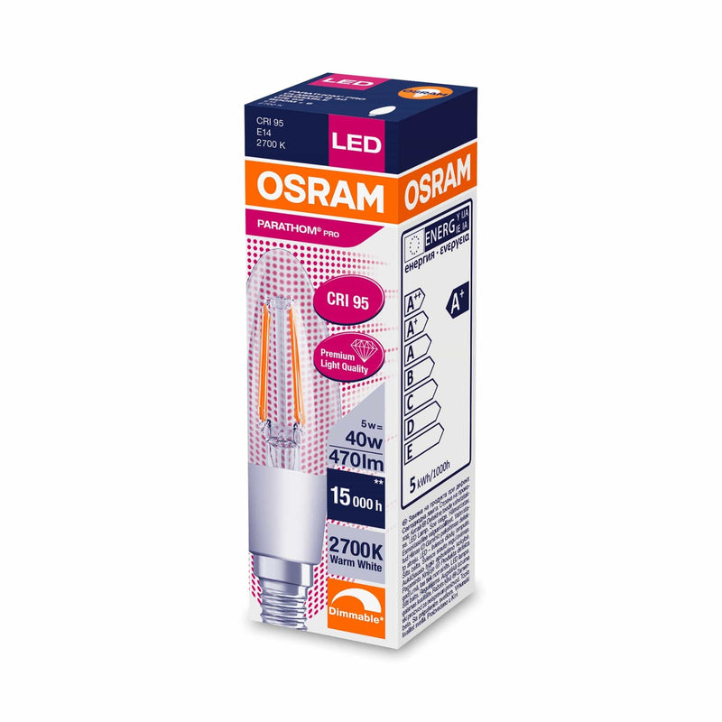 Osram 5W Parathom Clear LED Candle Bulb E14/SES Dimmable Very Warm White - 134522-439672, Image 3 of 3
