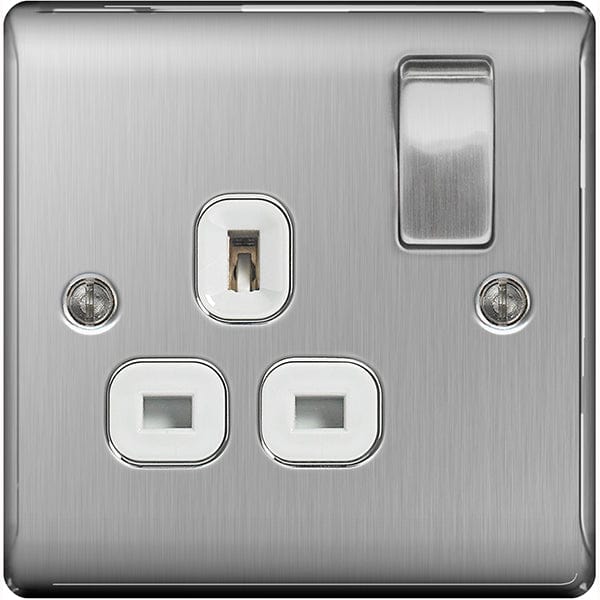 BG Nexus Metal Brushed Steel Single Switched 13A Power Socket - White Insert - NBS21W, Image 1 of 1