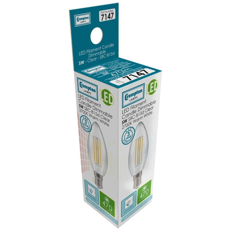 Crompton LED Candle Filament Dimmable Clear 5W 2700K SBC-B15d - CROM7147, Image 2 of 2