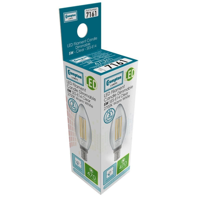 Crompton LED Candle Filament Dimmable Clear 5W 2700K SES-E14 - CROM7161, Image 2 of 2