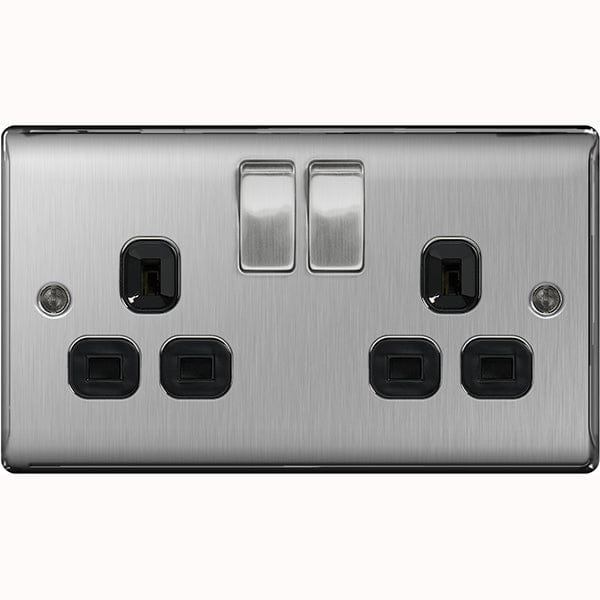 BG Nexus Metal Brushed Steel Double Switched 13A Power Socket - Black Insert - NBS22B, Image 1 of 1