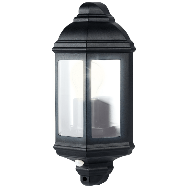 Luceco Coach 3 Panel Outdoor E27/GLS Wall Lantern with PIR - Black - LEXDCL3PB, Image 1 of 1