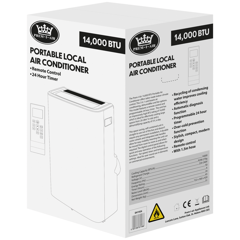 Prem-I-Air 14000 BTU Portable Air Conditioner With Remote Control - White - EH1926 - Return Unit, Image 2 of 5