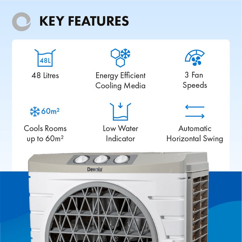 Devola 48L Evaporative Swamp Air Cooler 60 Meters Squared White/Grey - DVCL48P - Return Unit, Image 3 of 9