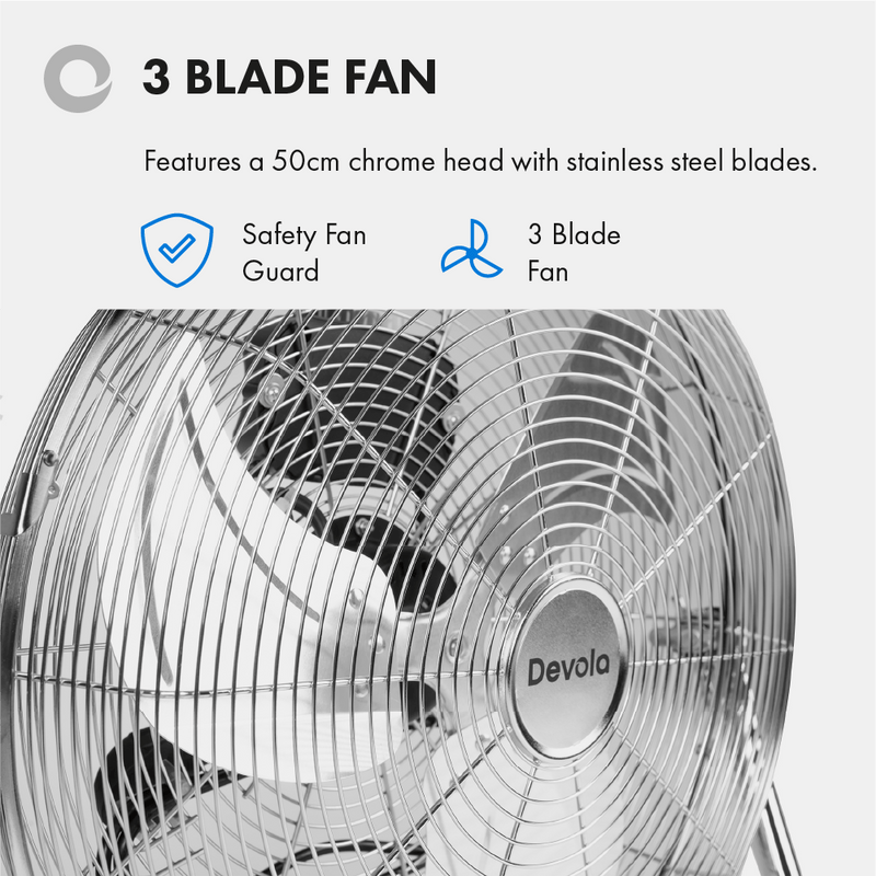 Devola High Power 80W 3 Speed 20-inch DC Floor Fan - Chrome - DV20FFC - Return Unit, Image 8 of 9