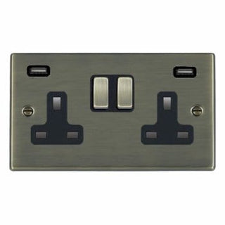 Hamilton Hartland 13A 2 Gang USB Socket with 2 x USB - 4.8A - Antique Brass with Black Inserts  - 79SS2USBULTAB-B