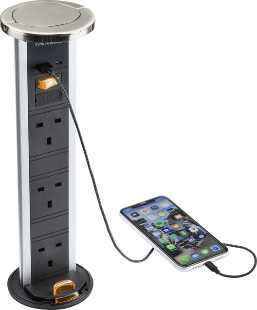 Knightsbridge IP54 3G pop-up socket with dual USB charger  A+C (FASTCHARGE) - Brushed chrome Cap - SK9909BC, Image 1 of 1