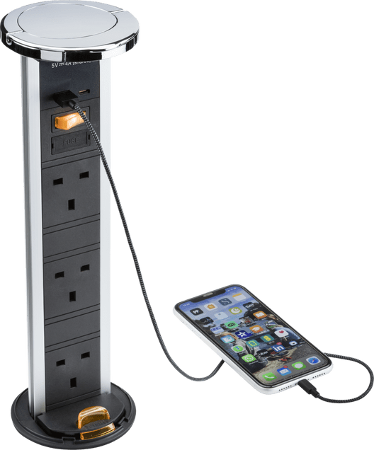 Knightsbridge IP54 3G pop-up socket with dual USB charger  A+C (FASTCHARGE) - Polished chrome Cap - SK9909PC, Image 1 of 1