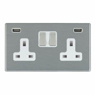Hamilton Hartland CFX 13A 2 Gang Screwless USB Socket with 2 x USB - 4.8A - Satin Steel/White  - 74CSS2USBULTSS-W