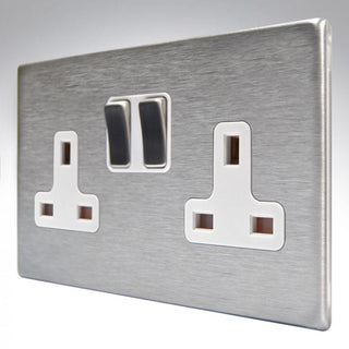 Hamilton Hartland CFX 13A 2 Gang Double Pole Switched Socket - Satin Steel with White Inserts  - 74CSS2SS-W