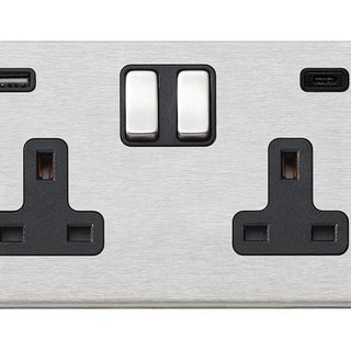 Hamilton Hartland G2 13A 2 Gang Type A/C USB Socket with 2 x USB - 4.8A - Satin Steel/Black  - 7G24SS2USBCSS-B