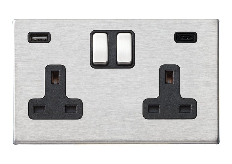 Hamilton Hartland G2 13A 2 Gang Type A/C USB Socket with 2 x USB - 4.8A - Satin Steel/Black  - 7G24SS2USBCSS-B, Image 1 of 1