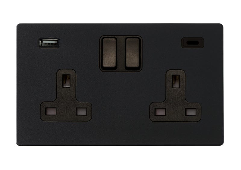 Hamilton Hartland G2 13A 2 Gang Screwless Type A/C USB Socket with 2 x USB - 4.8A - Matt Black  - 7G2MBSS2USBCBL-B, Image 1 of 1