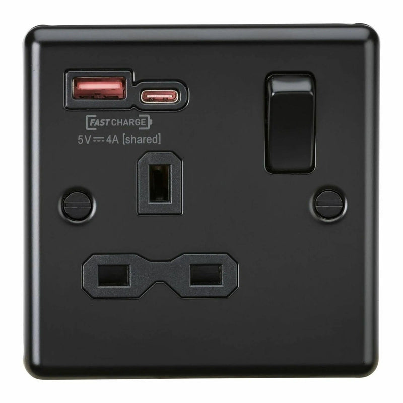 Knightsbridge 13A 1G SP Switched Socket with dual USB Charger A+C [Max. 18W QC/PD FASTCHARGE] - Matt Black - CL9919MBB, Image 1 of 1