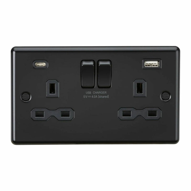Knightsbridge 13A 2G SP Switched Socket with dual USB C+A 5V DC 4.0A [shared] - Matt Black with black insert - CL9940MBB, Image 1 of 1