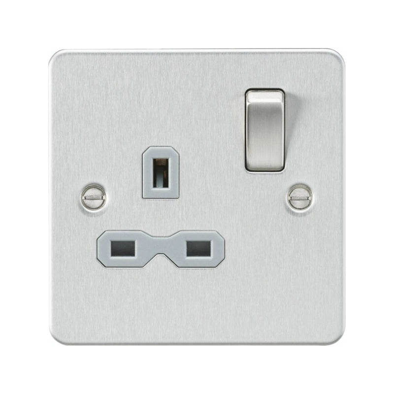 Knightsbridge Flat plate 13A 1G DP switched socket - brushed chrome with grey insert - FPR7000BCG, Image 1 of 1