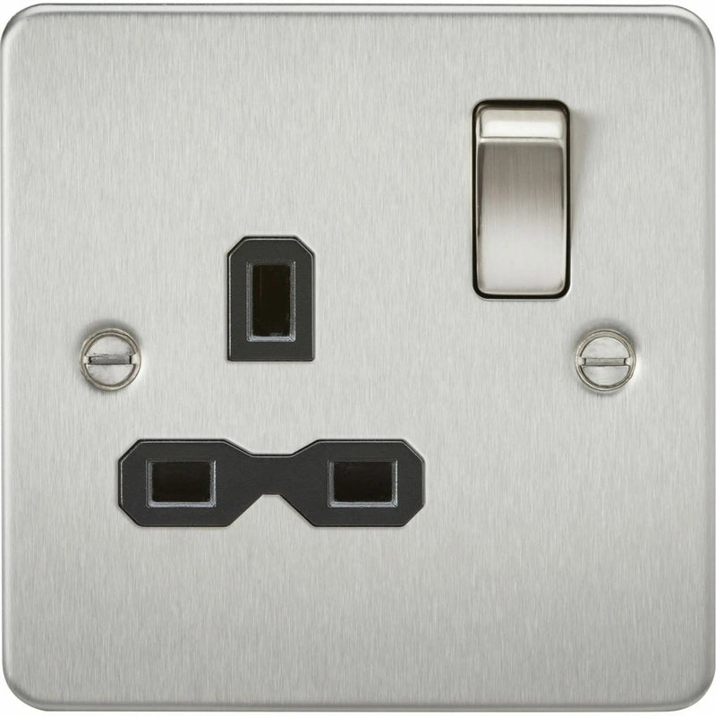 Knightsbridge Flat plate 13A 1G DP switched socket - brushed chrome with black insert - FPR7000BC, Image 1 of 1