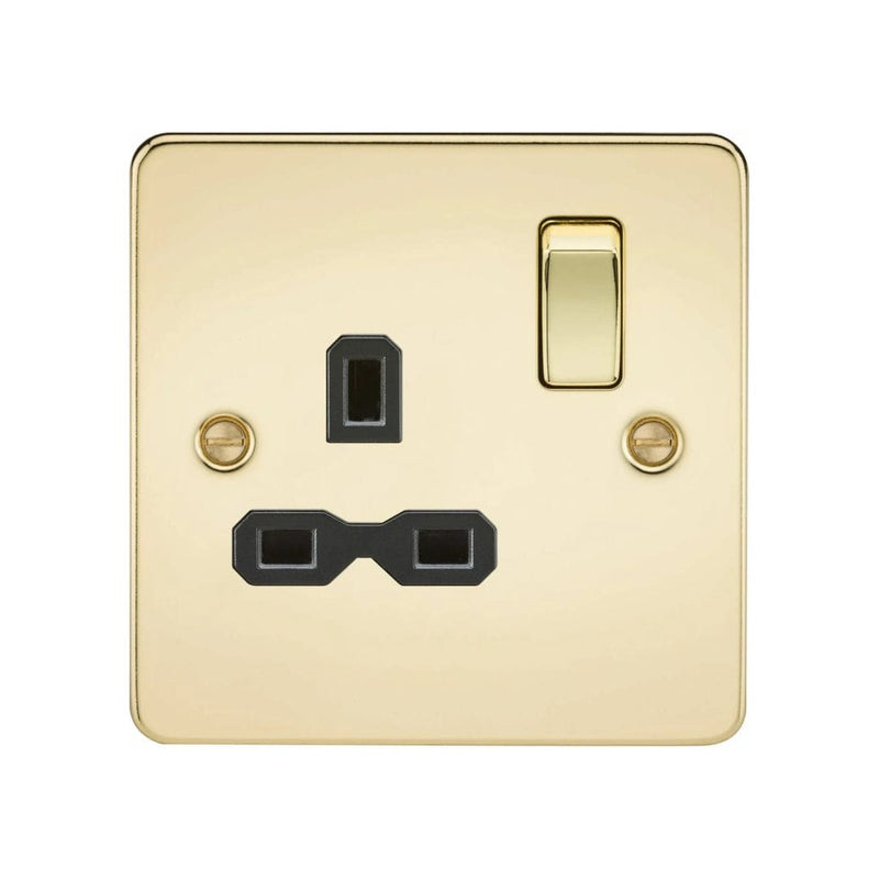Knightsbridge Flat plate 13A 1G DP switched socket - polished brass with black insert - FPR7000PB, Image 1 of 1