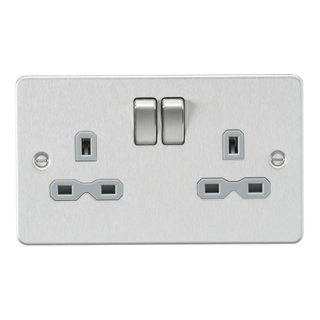 Knightsbridge Flat plate 13A 2G DP switched socket - brushed chrome with grey insert - FPR9000BCG