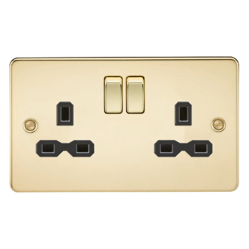 Knightsbridge Flat plate 13A 2G DP switched socket - polished brass with black insert - FPR9000PB, Image 1 of 1