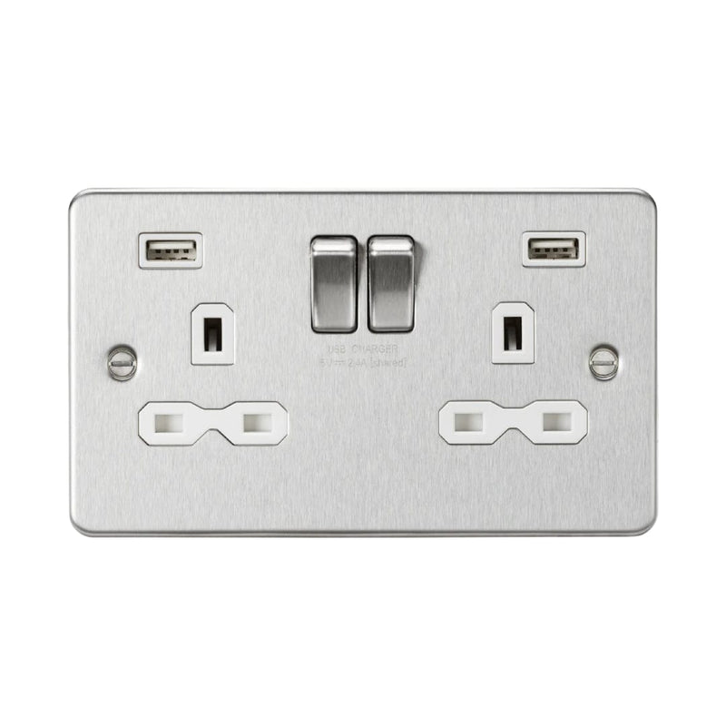 Knightsbridge 13A 2G switched socket with dual USB charger A + A (2.4A) - Brushed chrome with white insert - FPR9224BCW, Image 1 of 1