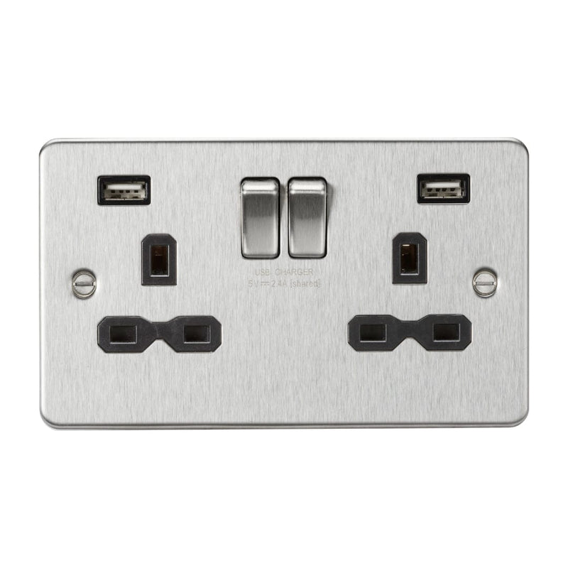 Knightsbridge 13A 2G switched socket with dual USB charger A + A (2.4A) - Brushed chrome with black insert - FPR9224BC, Image 1 of 1