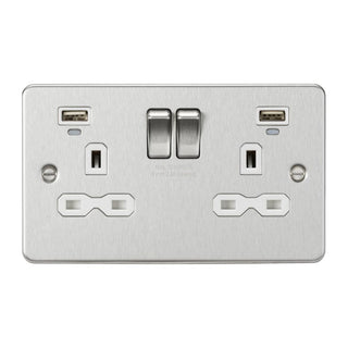Knightsbridge 13A 2G Switched Socket, Dual USB (2.4A) with LED Charge Indicators - Brushed Chrome w/white insert - FPR9904NBCW