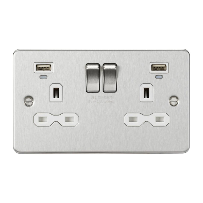 Knightsbridge 13A 2G Switched Socket, Dual USB (2.4A) with LED Charge Indicators - Brushed Chrome w/white insert - FPR9904NBCW, Image 1 of 1