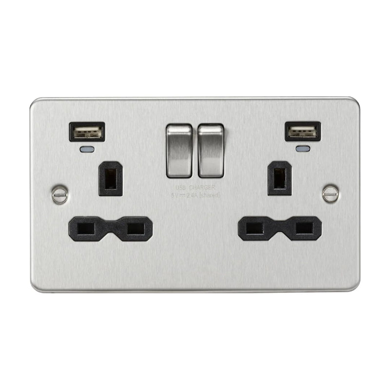 Knightsbridge 13A 2G Switched Socket, Dual USB (2.4A) with LED Charge Indicators - Brushed Chrome w/black insert - FPR9904NBC, Image 1 of 1
