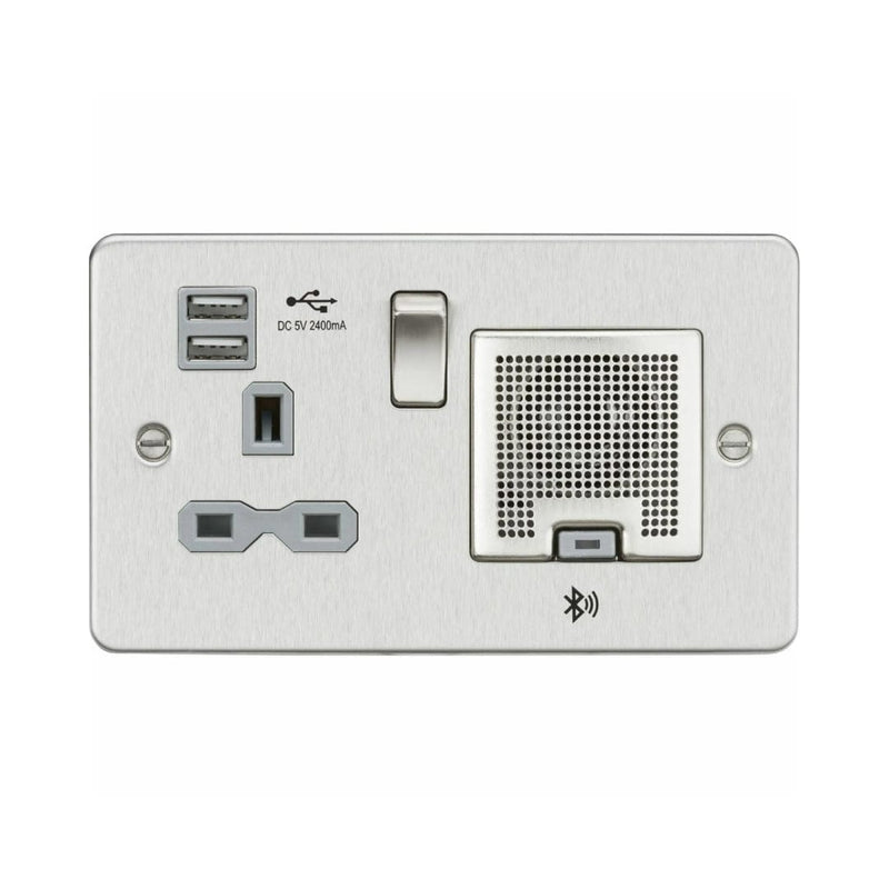 Knightsbridge 13A Switched socket, Dual USB & Bluetooth Speaker Combo - Brushed chrome with grey insert - FPR9905BCG, Image 1 of 1