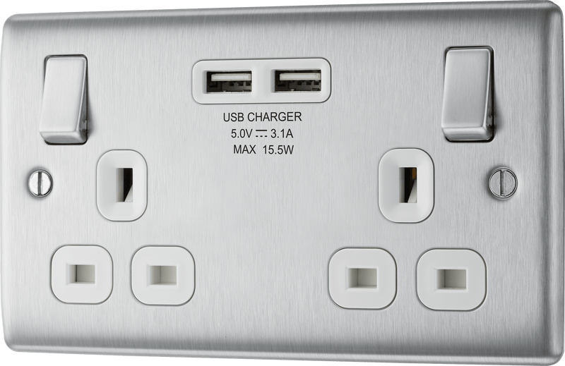 BG Nexus Metal Brushed Steel Double Switched 13A Power Socket With Usb Charging - 2X Usb Sockets (3.1A) - White Insert - NBS22U3, Image 1 of 2