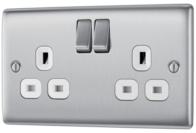 BG Nexus Metal Brushed Steel Double Switched 13A Power Socket - White Insert - NBS22W, Image 2 of 3