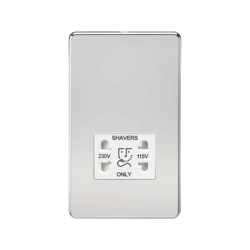 Knightsbridge Screwless 115V/230V Dual Voltage Shaver Socket - Polished Chrome with White Insert - SF8900PCW, Image 1 of 1