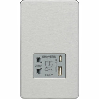 Knightsbridge Shaver socket with dual USB A+C (5V DC 2.4A shared) - brushed chrome with grey insert - SF8909BCG