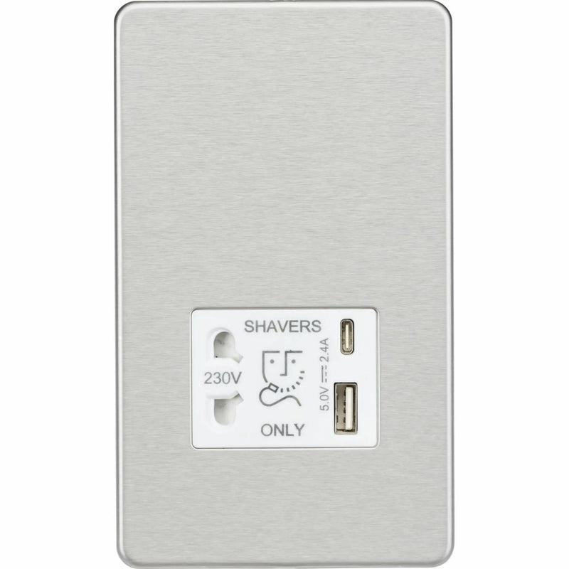Knightsbridge Shaver socket with dual USB A+C (5V DC 2.4A shared) - brushed chrome with white insert - SF8909BCW, Image 1 of 1