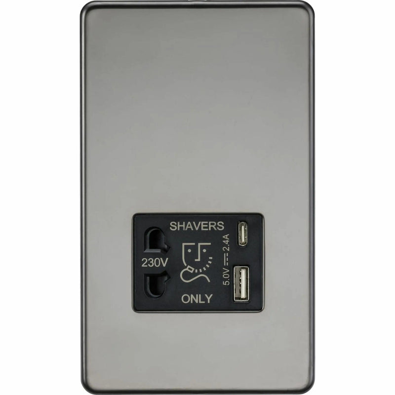 Knightsbridge Shaver socket with dual USB A+C (5V DC 2.4A shared) - black nickel - SF8909BN, Image 1 of 1