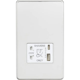 Knightsbridge Shaver socket with dual USB A+C (5V DC 2.4A shared) - polished chrome with white insert - SF8909PCW