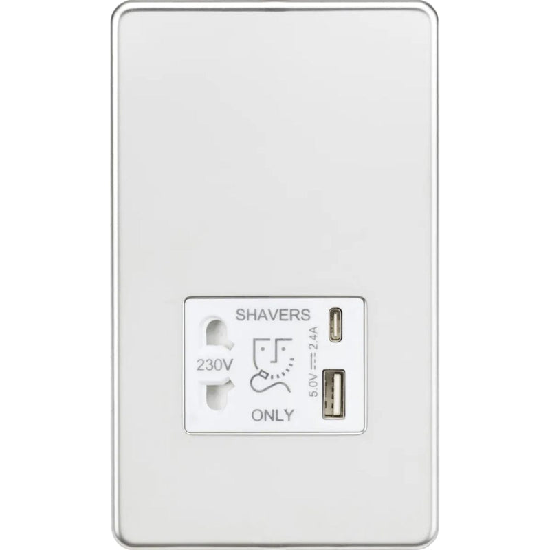 Knightsbridge Shaver socket with dual USB A+C (5V DC 2.4A shared) - polished chrome with white insert - SF8909PCW, Image 1 of 1