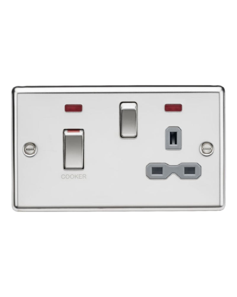 Knightsbridge Screwless 45A DP switch and 13A switched socket with neons - polished chrome with grey insert - SFR8333NPCG, Image 1 of 1