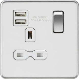Knightsbridge Screwless 13A 1G switched socket with dual USB charger (2.4A) - polished chrome with white insert - SFR9124PCW